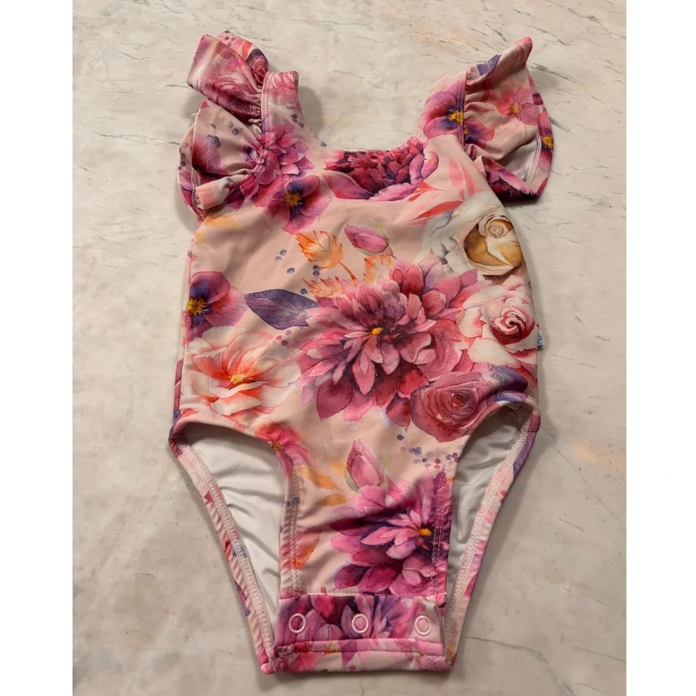 Posh Peanut Floral Ruffle Flutter Sleeve Snap Bottom Bodysuit Pink 18-24 Months